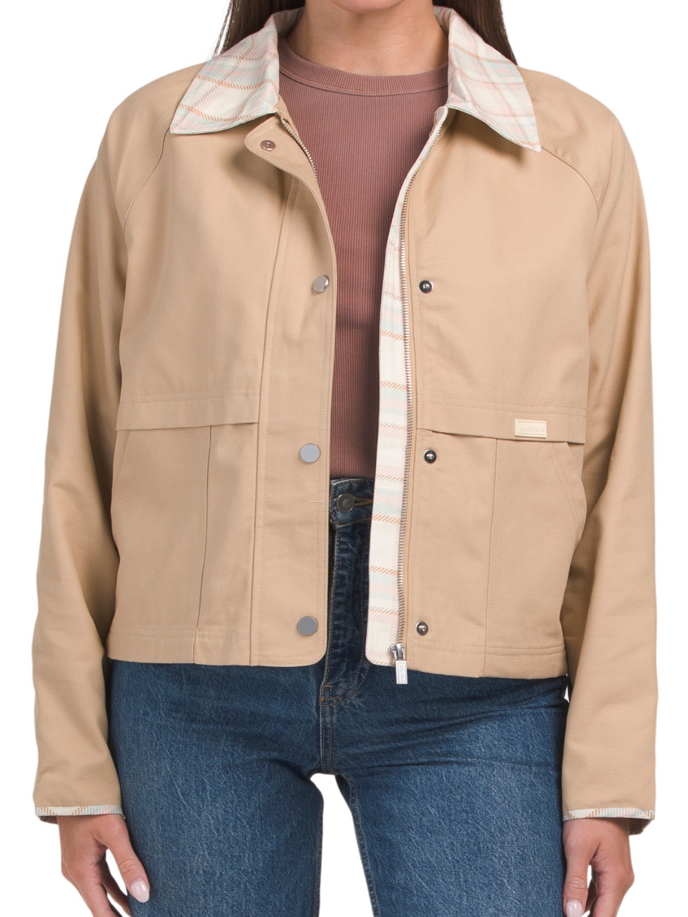 Hunter Womens Lightweight Cropped Field Jacket With Plaid Trim